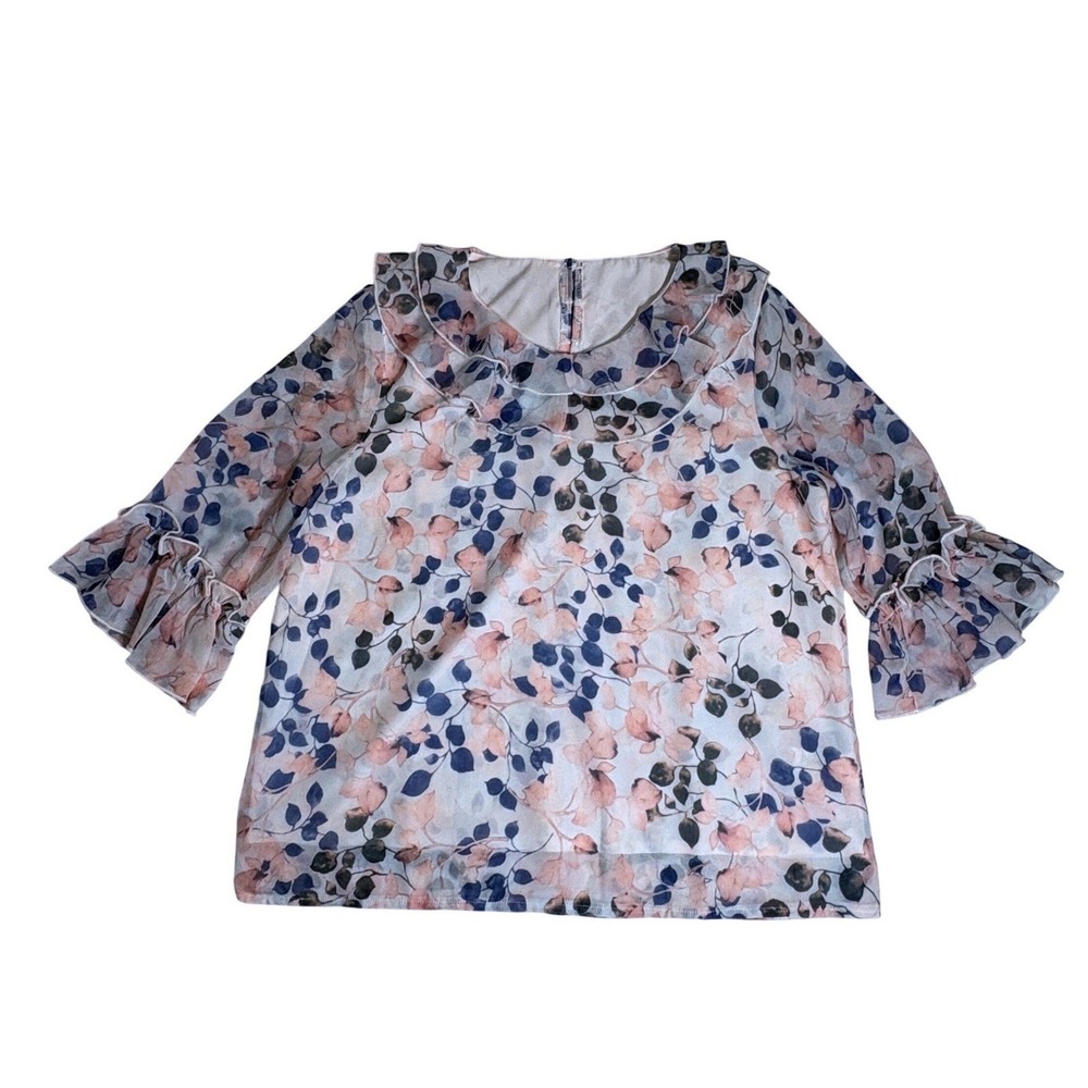 Floral Ruffle Collar /Sleeve Sheer Chiffon Blouse Top Women's Lg 14/16 Pink Blue